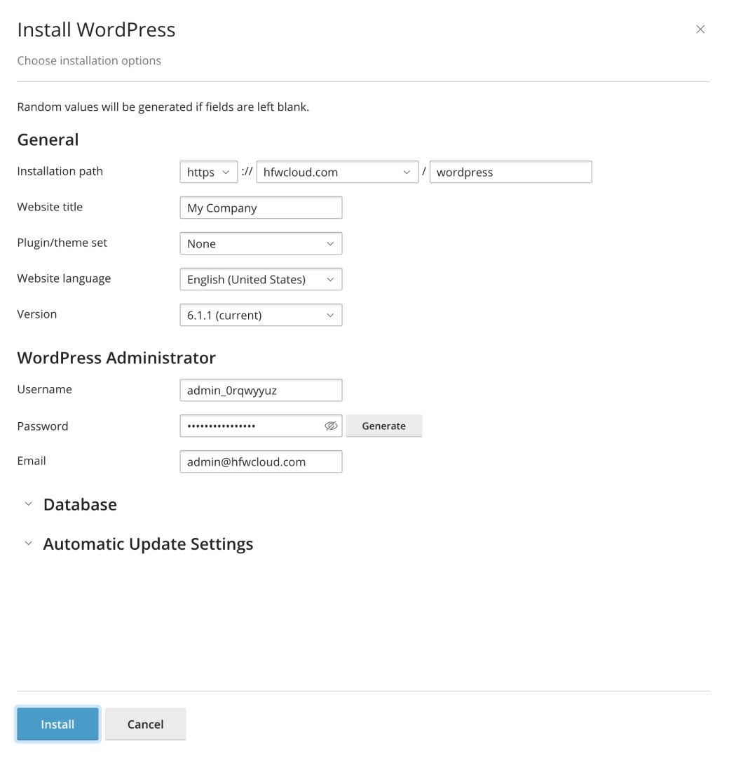 Wordpress install process